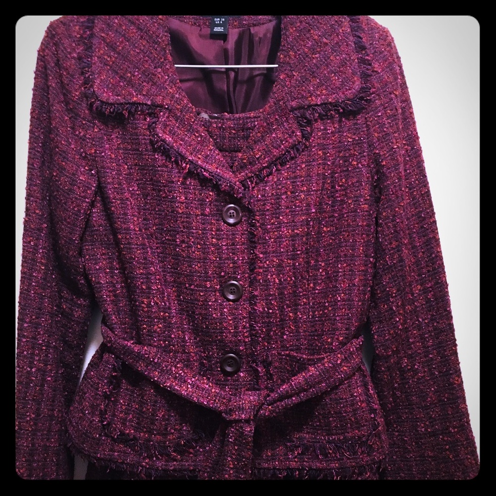 H&M Maroon Boucle Belted Skirt Suit Size 8/10